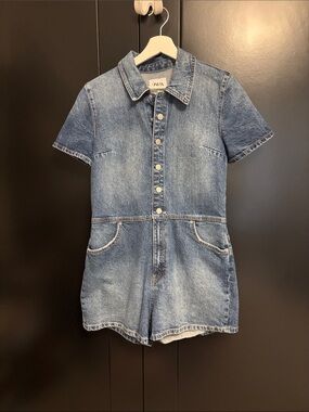 Zara Medium Blue Denim Short-Sleeve Romper
